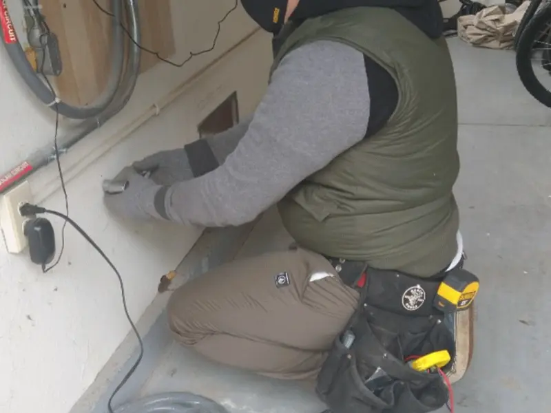 Electrician performing outlet wiring in a Wood River garage